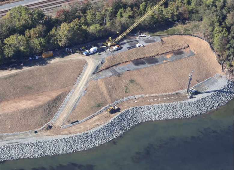An aerial view of a shoreline stabilization project.