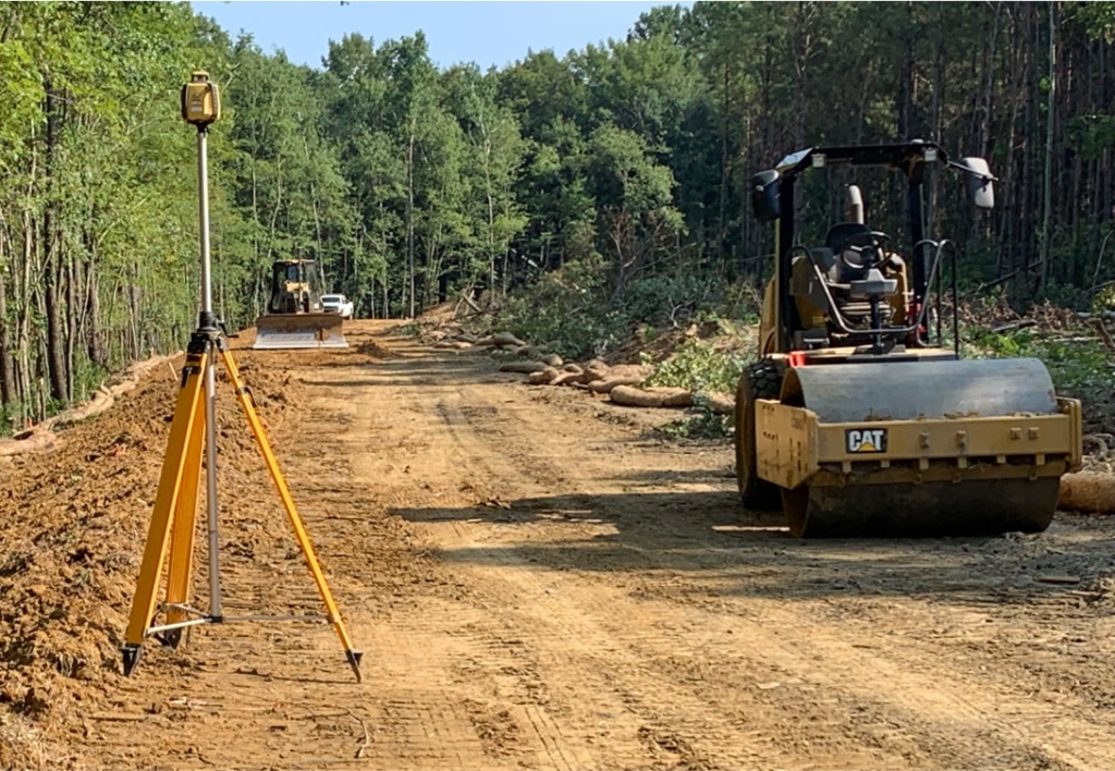 A construction crew working on a dirt road.